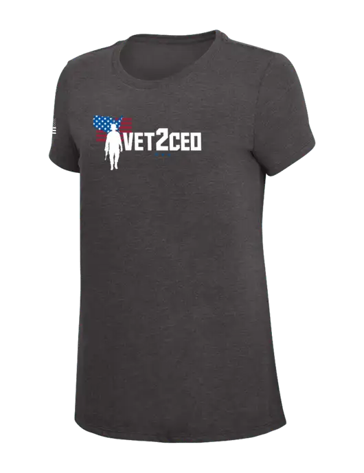 Womens Simply Soft Heather Charcoal 4.5oz  Poly/Combed Ring Spun Cotton T-Shirt w/Vet2CEO Logo, US Flag Logo