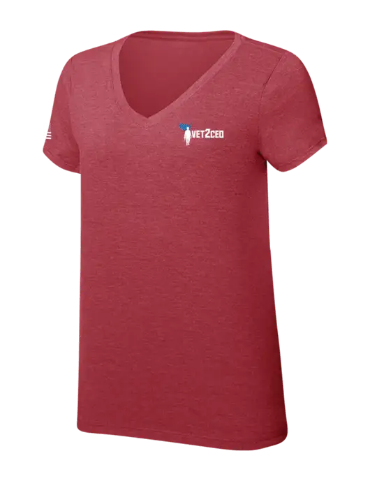 Womens Simply Soft V-Neck Red Frost 4.5oz  Poly/Combed Ring Spun Cotton T-Shirt w/Vet2CEO Logo, US Flag Logo