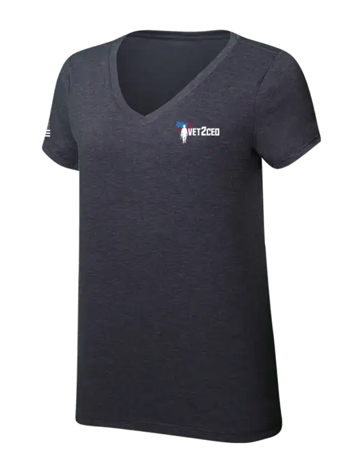Womens Simply Soft V-Neck Heather Charcoal 4.5oz  Poly/Combed Ring Spun Cotton T-Shirt w/Vet2CEO Logo, US Flag Logo