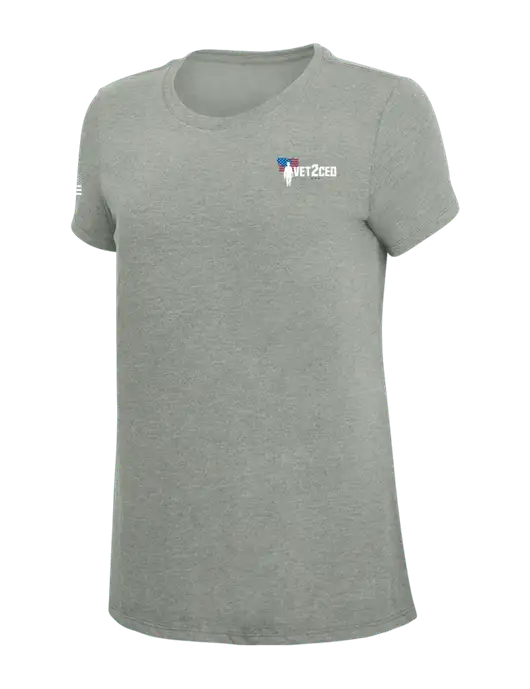 Womens Simply Soft Grey Frost 4.5oz  Poly/Combed Ring Spun Cotton T-Shirt w/Vet2CEO Logo, US Flag Logo