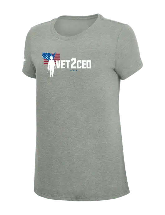 Womens Simply Soft Grey Frost 4.5oz  Poly/Combed Ring Spun Cotton T-Shirt w/Vet2CEO Logo, US Flag Logo