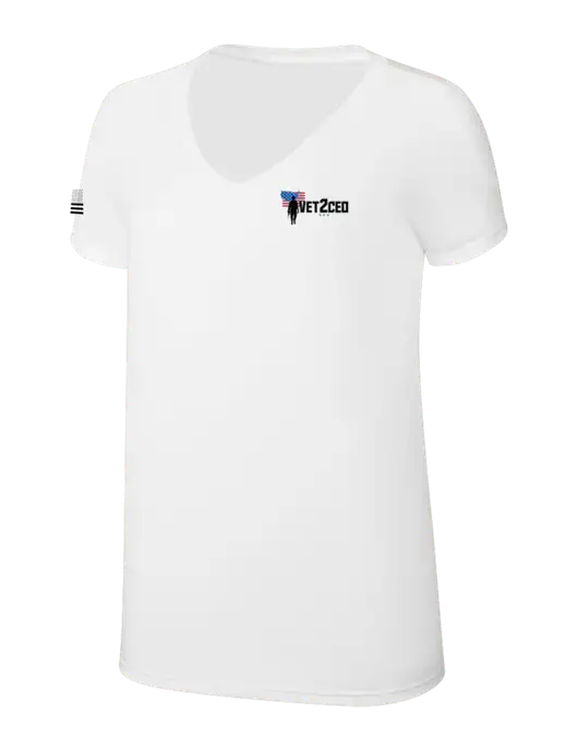 Womens Simply Soft V-Neck White 4.5oz  Poly/Combed Ring Spun Cotton T-Shirt w/Vet2CEO Logo, US Flag Logo