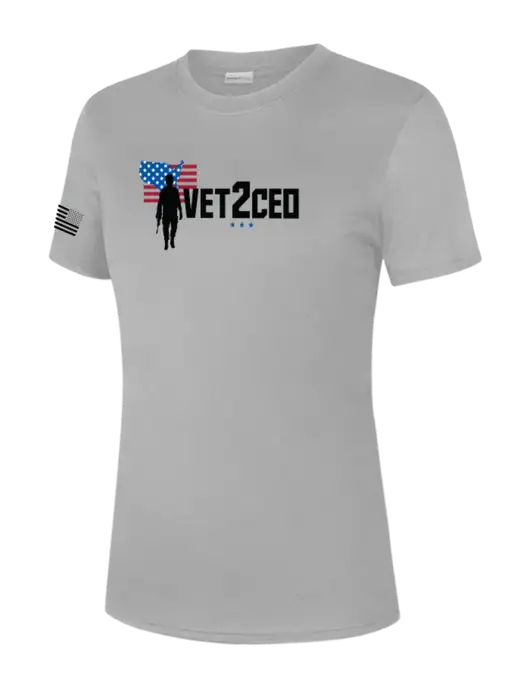  Womens Light Grey PosiCharge Competitor Tee w/Vet2CEO Logo, US Flag Logo