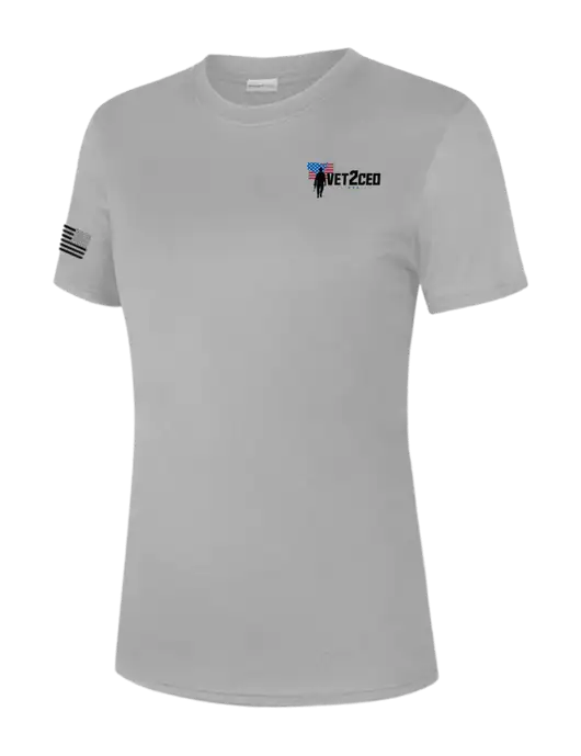 Womens Light Grey PosiCharge Competitor Tee w/Vet2CEO Logo, US Flag Logo