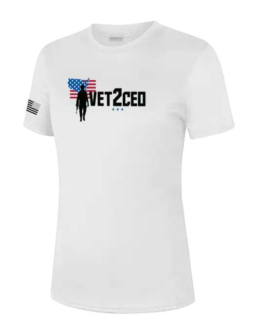  Womens White PosiCharge Competitor Tee w/Vet2CEO Logo, US Flag Logo