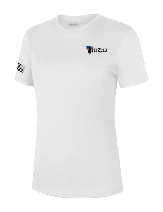  Womens White PosiCharge Competitor Tee w/Vet2CEO Logo, US Flag Logo