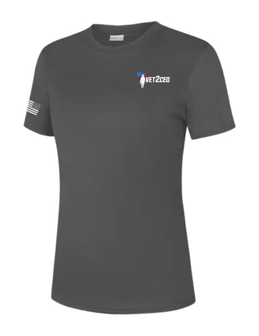  Womens Dark Grey PosiCharge Competitor Tee w/Vet2CEO Logo, US Flag Logo