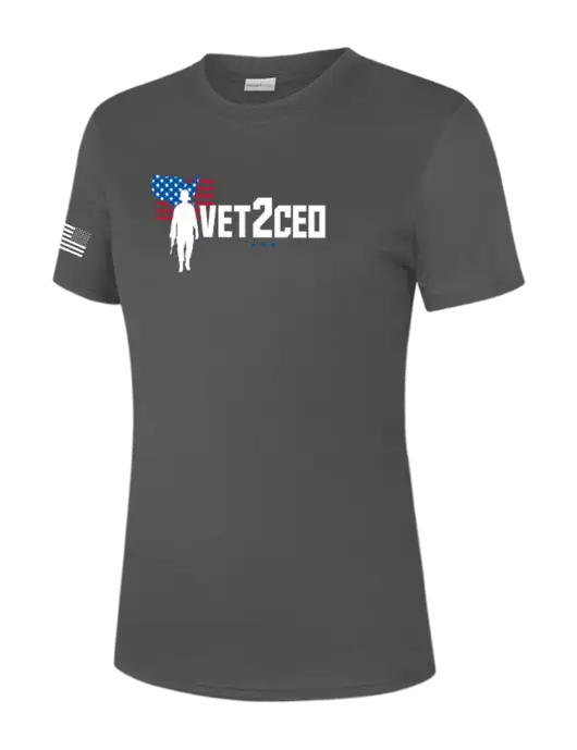  Womens Dark Grey PosiCharge Competitor Tee w/Vet2CEO Logo, US Flag Logo