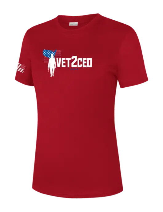  Womens Red PosiCharge Competitor Tee w/Vet2CEO Logo, US Flag Logo