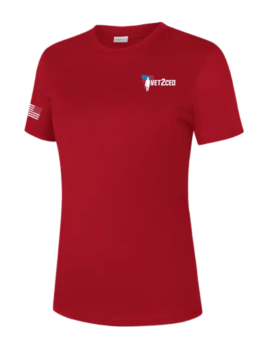 Womens Red PosiCharge Competitor Tee w/Vet2CEO Logo, US Flag Logo