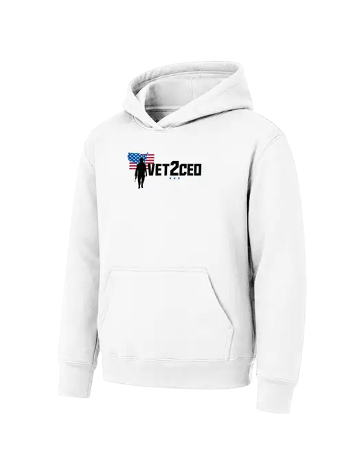 Youth White 7.8 oz Pullover Hooded Sweatshirt w/Vet2CEO Logo