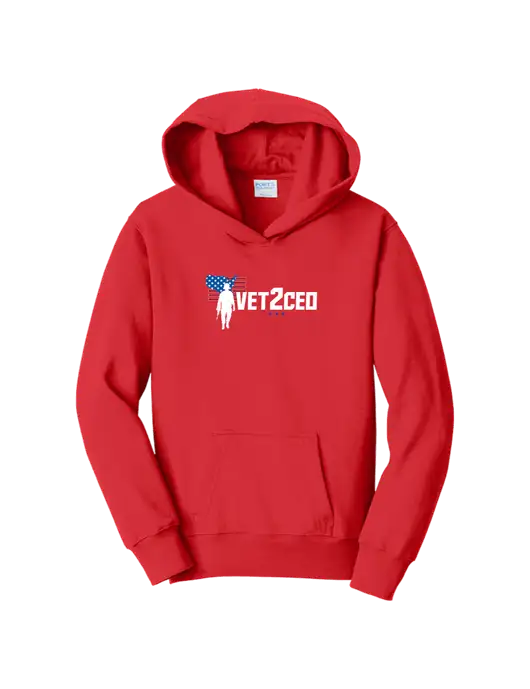 Youth Bright Red 8.5 oz Ring Spun Pullover Hooded Sweatshirt w/Vet2CEO Logo