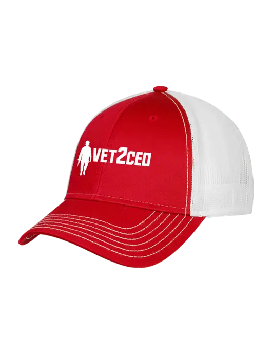 Red/White Mesh Trucker Cap Snap Back w/Vet2CEO Logo