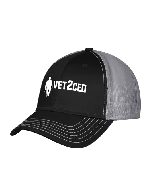 Black/Medium Dark Grey Mesh Trucker Cap Snap Back w/Vet2CEO Logo
