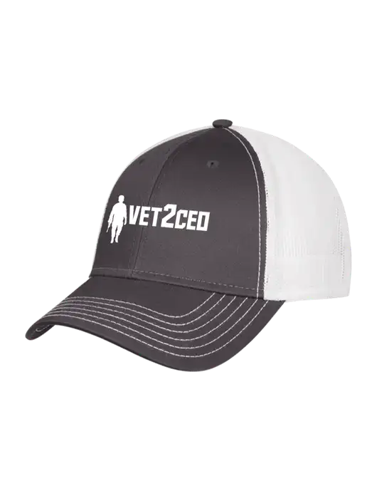 Dark Grey/White Mesh Trucker Cap Snap Back w/Vet2CEO Logo