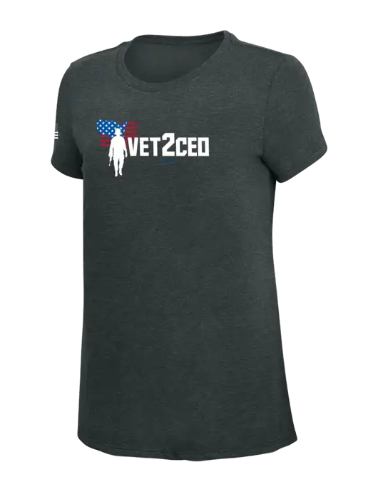 Womens Simply Soft Black Frost 4.5oz Poly/Combed Ring Spun Cotton T-Shirt w/Vet2CEO Logo, US Flag Logo