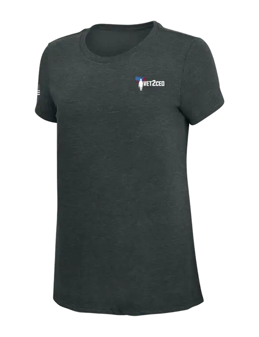 Womens Simply Soft Black Frost 4.5oz Poly/Combed Ring Spun Cotton T-Shirt w/Vet2CEO Logo, US Flag Logo