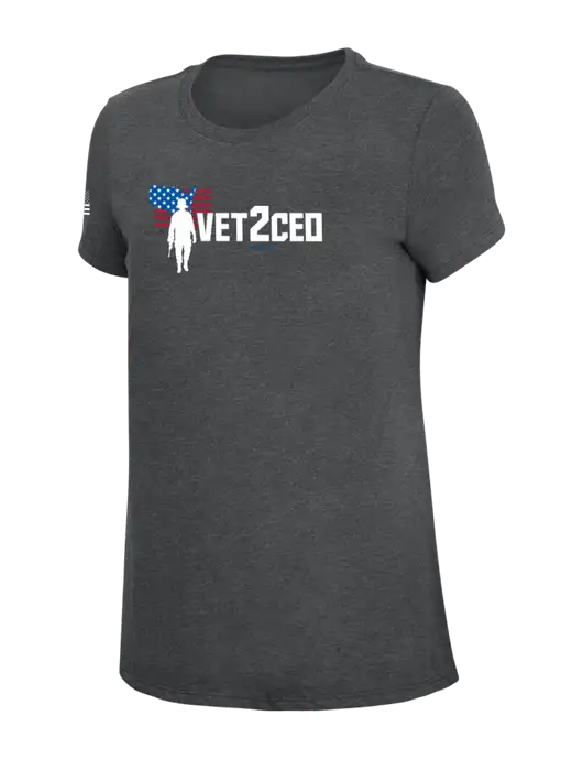 Womens Simply Soft Charcoal 4.5oz Poly/Combed Ring Spun Cotton T-Shirt w/Vet2CEO Logo, US Flag Logo
