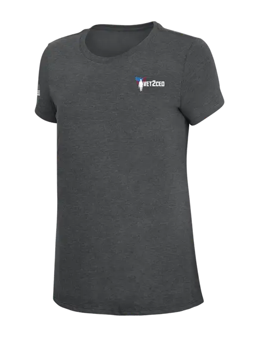 Womens Simply Soft Charcoal 4.5oz Poly/Combed Ring Spun Cotton T-Shirt w/Vet2CEO Logo, US Flag Logo