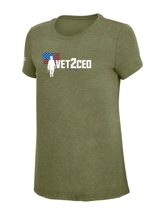 Womens Simply Soft Military Green Frost 4.5oz Poly/Combed Ring Spun Cotton T-Shirt
 w/Vet2CEO Logo, US Flag Logo