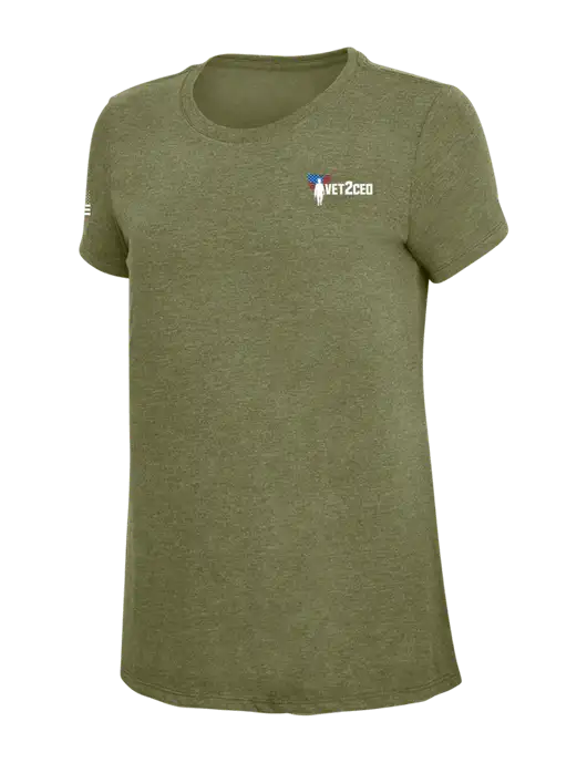 Womens Simply Soft Military Green Frost 4.5oz Poly/Combed Ring Spun Cotton T-Shirt
 w/Vet2CEO Logo, US Flag Logo