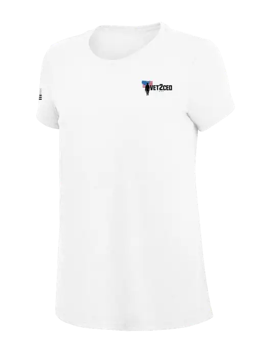 Womens Simply Soft White 4.5oz Poly/Combed Ring Spun Cotton T-Shirt
 w/Vet2CEO Logo, US Flag Logo