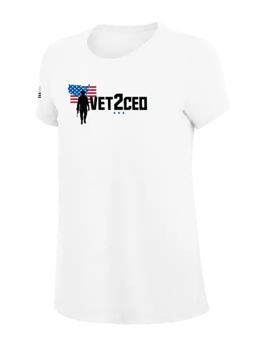 Womens Simply Soft White 4.5oz Poly/Combed Ring Spun Cotton T-Shirt
 w/Vet2CEO Logo, US Flag Logo