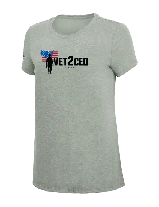 Womens Simply Soft Heathered Light Grey 4.5oz Poly/Combed Ring Spun Cotton T-Shirt w/Vet2CEO Logo, US Flag Logo