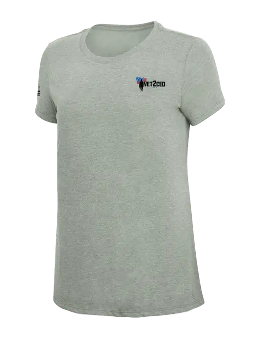 Womens Simply Soft Heathered Light Grey 4.5oz Poly/Combed Ring Spun Cotton T-Shirt w/Vet2CEO Logo, US Flag Logo