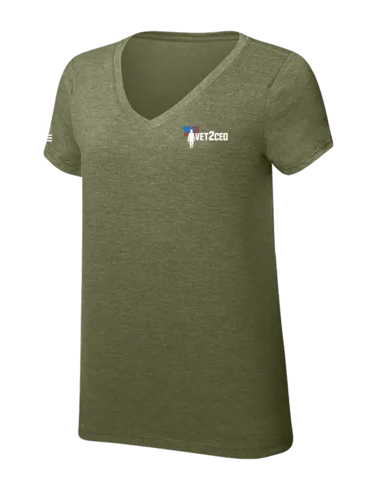Womens Simply Soft V-Neck Military Green Frost 4.5oz  Poly/Combed Ring Spun Cotton T-Shirt w/Vet2CEO Logo, US Flag Logo