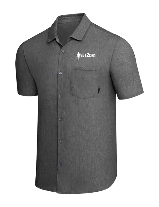 OGIO Dark Grey Heather Extend Short Sleeve Button Up Shirt w/Vet2CEO Logo