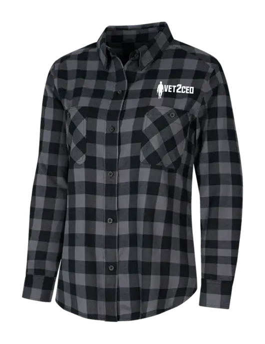 Womens Medium Grey/Black Buffalo Check Plaid Flannel Shirt w/Vet2CEO Logo