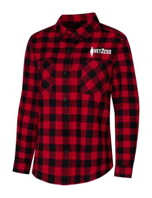 Womens Red/Black Buffalo Check Plaid Flannel Shirt w/Vet2CEO Logo