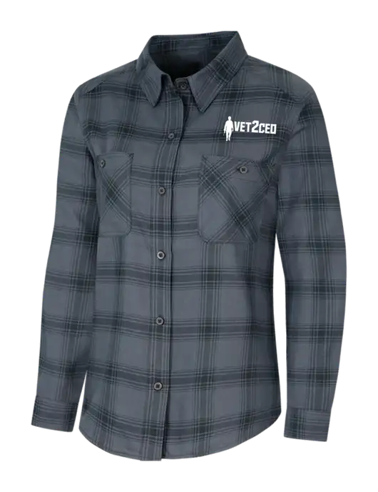 Womens Grey/Black Plaid Flannel Shirt w/Vet2CEO Logo