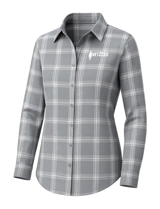 Womens Medium Grey/Cream Open Plaid Flannel Tunic w/Vet2CEO Logo