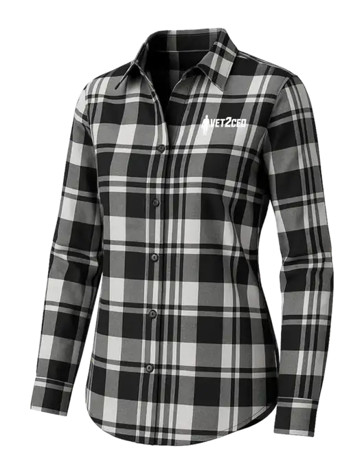Womens White/Black Plaid Flannel Tunic w/Vet2CEO Logo