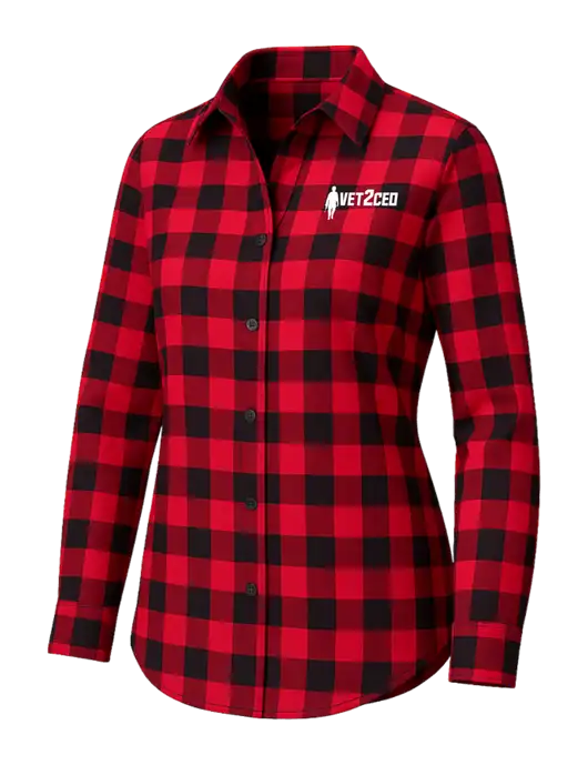 Womens Red/Black Buffalo Check Plaid Flannel Tunic w/Vet2CEO Logo