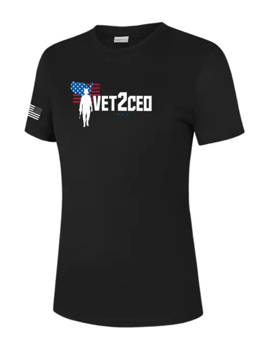  Womens Black PosiCharge Competitor Tee w/Vet2CEO Logo, US Flag Logo