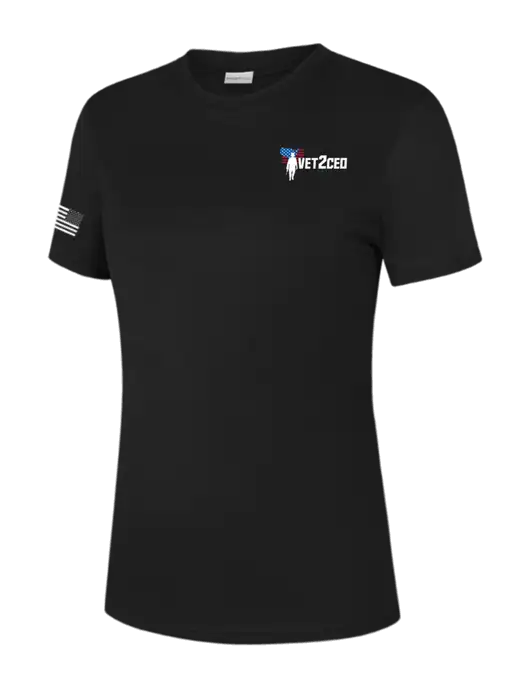  Womens Black PosiCharge Competitor Tee w/Vet2CEO Logo, US Flag Logo