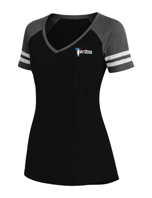 Womens Black/Charcoal Heather V-Neck Game Tee w/Vet2CEO Logo