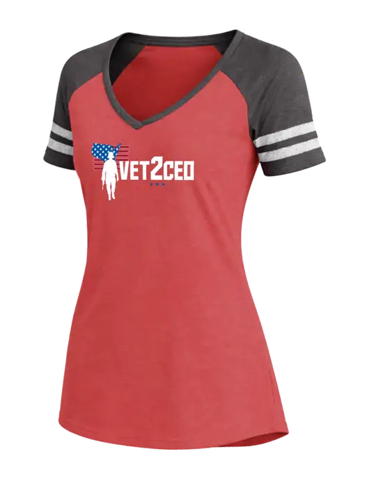 Womens Red Heather/Charcoal Heather V-Neck Game Tee w/Vet2CEO Logo