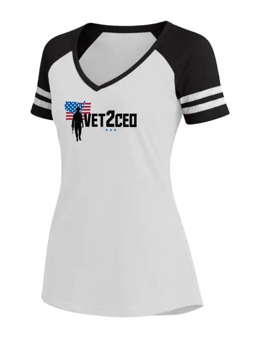 Womens White/Black V-Neck Game Tee w/Vet2CEO Logo