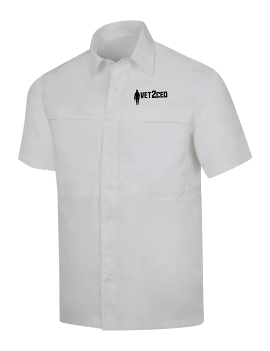 White Short Sleeve UV Daybreak Shirt w/Vet2CEO Logo
