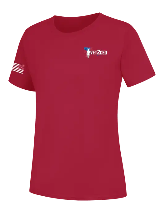 Womens Red Core Blend Tee w/Vet2CEO Logo, US Flag Logo