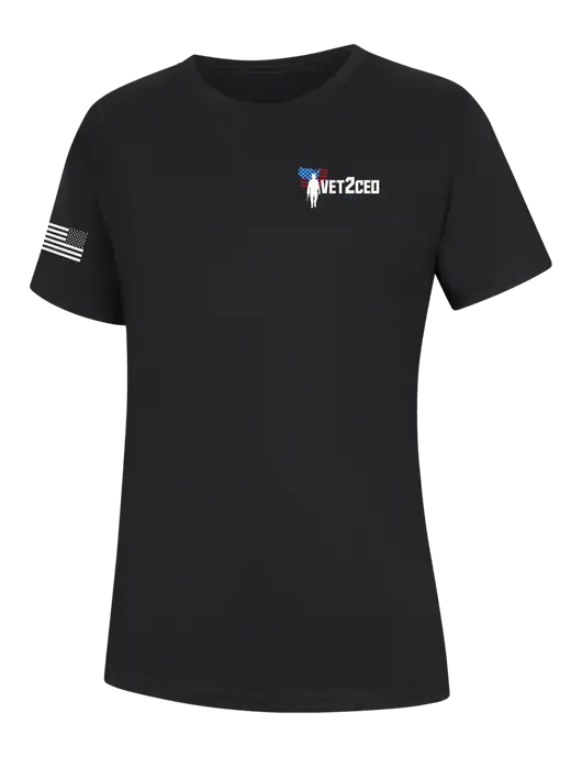 Womens Black Core Blend Tee w/Vet2CEO Logo, US Flag Logo