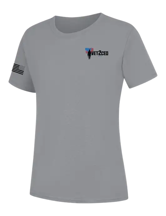 Womens Light Grey Heather Core Blend Tee w/Vet2CEO Logo, US Flag Logo