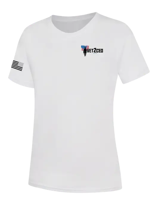 Womens White Core Blend Tee w/Vet2CEO Logo, US Flag Logo