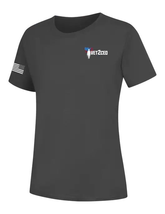 Womens Charcoal Core Blend Tee w/Vet2CEO Logo, US Flag Logo