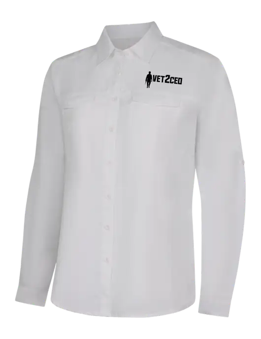 Womens White Long Sleeve UV Daybreak Shirt w/Vet2CEO Logo