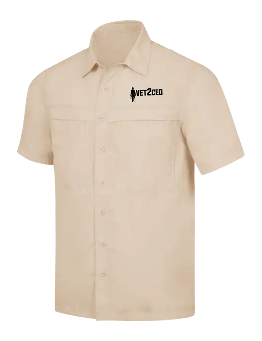 Tan Short Sleeve UV Daybreak Shirt w/Vet2CEO Logo